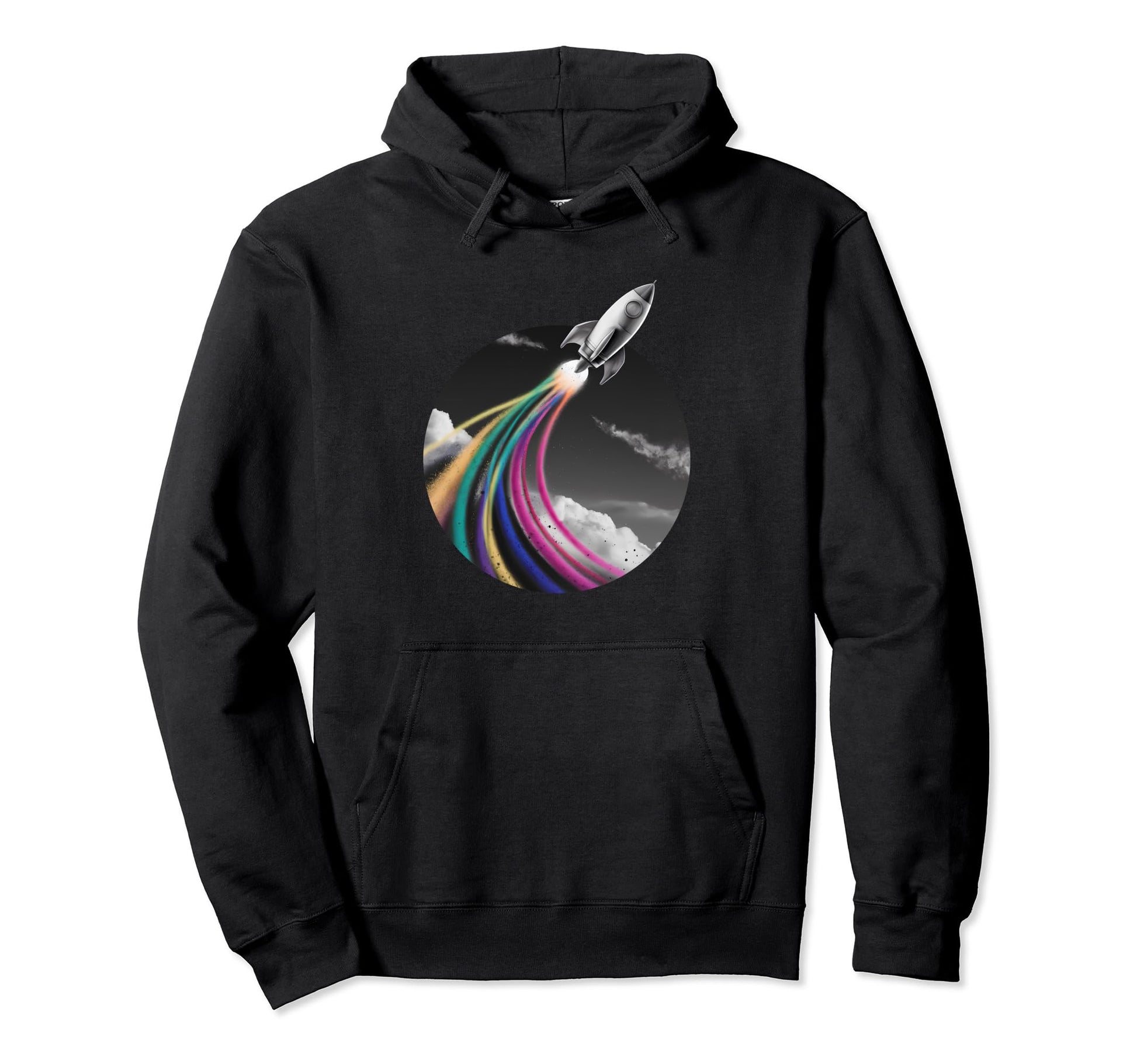 Rocket Flying Up Space Rainbow Burst Hoodie - Trendy Graphic Unisex - T-Shirt, Sweatshirt, Hoodie