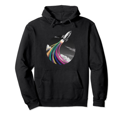 Rocket Flying Up Space Rainbow Burst Hoodie - Trendy Graphic Unisex - T-Shirt, Sweatshirt, Hoodie