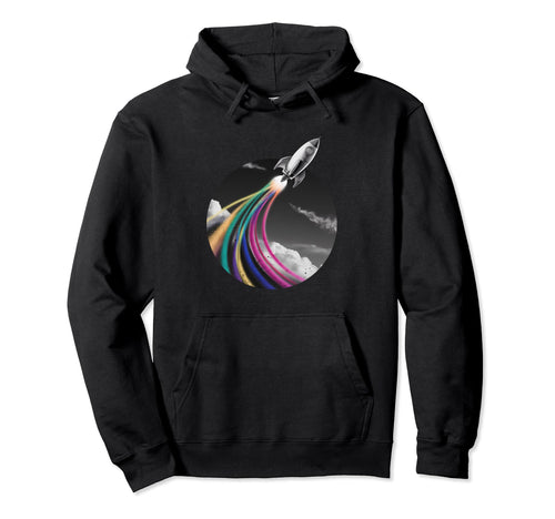 Rocket Flying Up Space Rainbow Burst Hoodie - Trendy Graphic Unisex - T-Shirt, Sweatshirt, Hoodie