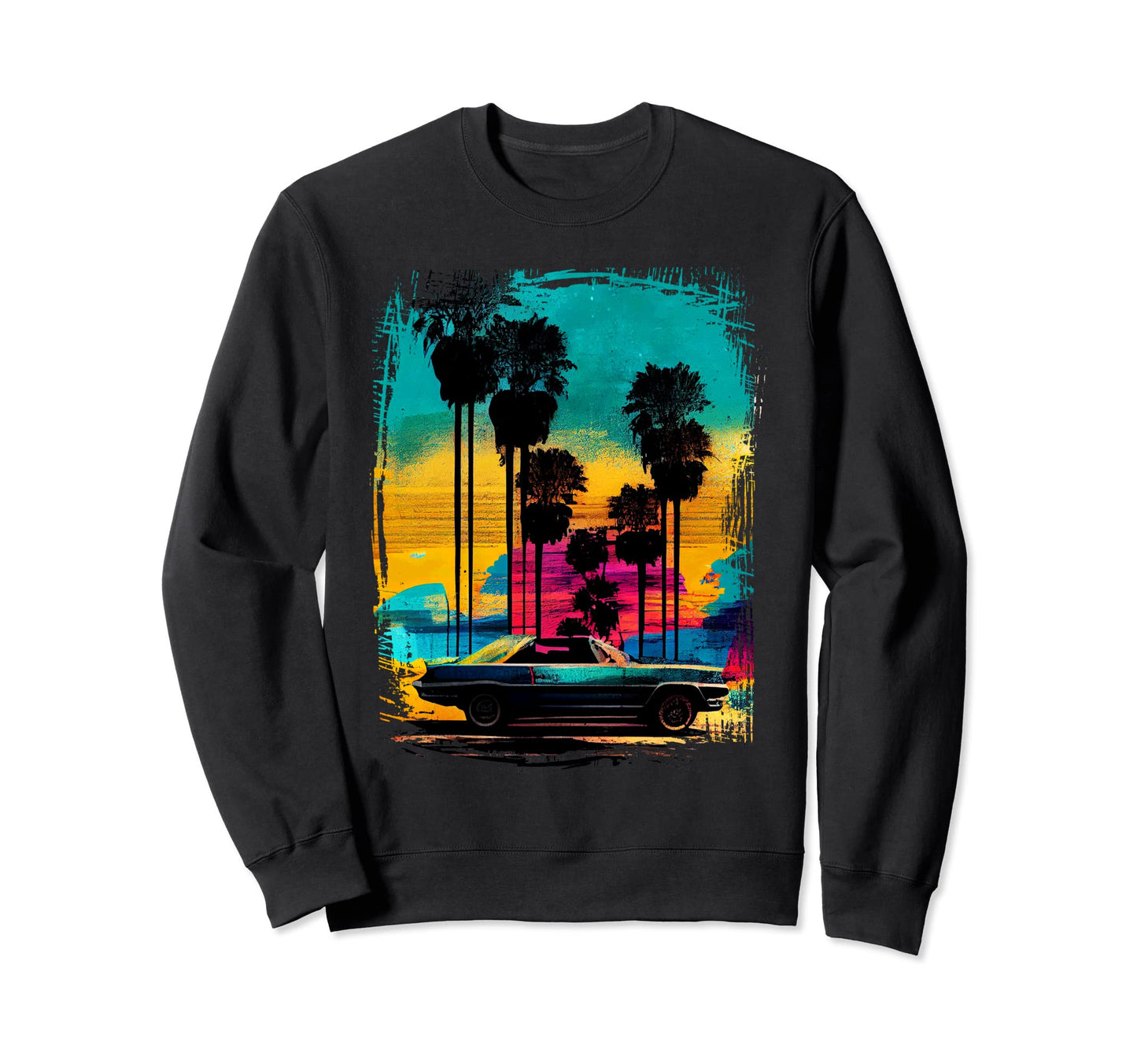 Car And Palm Tree Sunset 80S 90S Sweatshirt - Aesthetic Graphic Men Women - T-Shirt, Sweatshirt, Hoodie