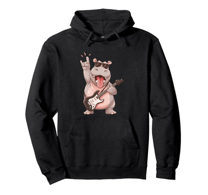Hippo Rock Music Guitarist Funny Animal Hoodie - Minimalist Print Men Women - T-Shirt, Sweatshirt, Hoodie