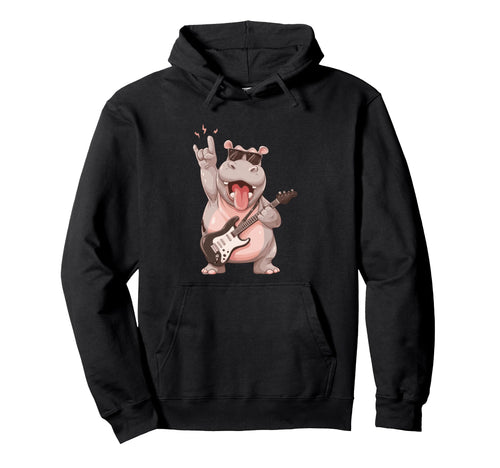 Hippo Rock Music Guitarist Funny Animal Hoodie - Minimalist Print Men Women - T-Shirt, Sweatshirt, Hoodie