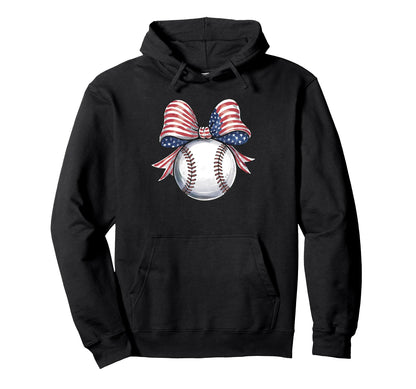 American Flag Coquette Bow Baseball Hoodie - Aesthetic Graphic for Adults - T-Shirt, Sweatshirt, Hoodie