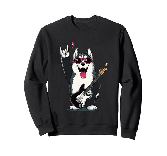 Husky Dog Rock Music Guitar Player Sweatshirt - Unique Graphic for Adults - T-Shirt, Sweatshirt, Hoodie