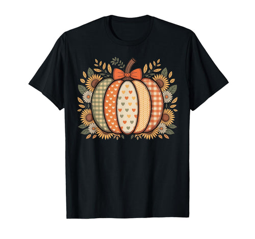 Floral Fall Patchwork Boho Pumpkin Bow T-Shirt - Trendy Graphic for Adults - T-Shirt, Sweatshirt, Hoodie