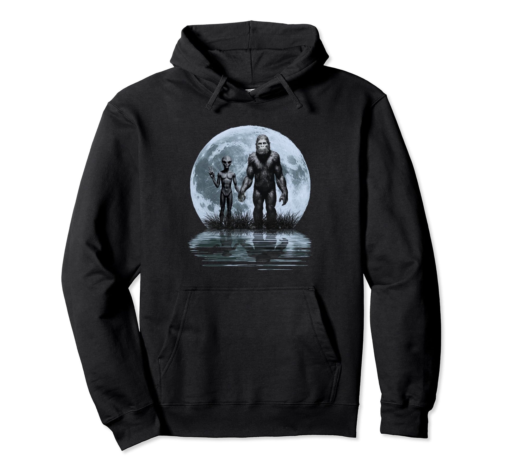 Alien And Bigfoot Full Moon Love Peace Hoodie - Casual Everyday Wear Unisex - T-Shirt, Sweatshirt, Hoodie