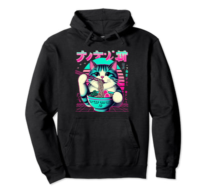 Ramen Cat Vaporwave Japanese Aesthetic Hoodie - Novelty Apparel Men Women - T-Shirt, Sweatshirt, Hoodie