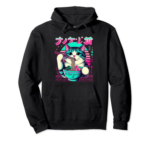 Ramen Cat Vaporwave Japanese Aesthetic Hoodie - Novelty Apparel Men Women - T-Shirt, Sweatshirt, Hoodie