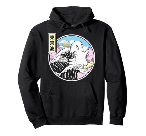 Happy Surfing Ghost Kanagawa Wave Kawaii Hoodie - Minimalist Print Unisex - T-Shirt, Sweatshirt, Hoodie