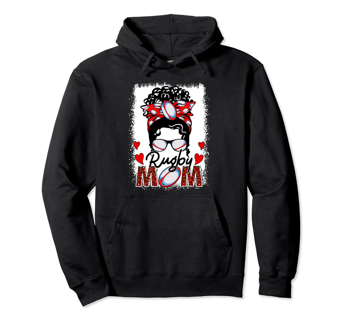 Rugby Mom Leopard Messy Bun Game Day Hoodie - Unique Graphic Unisex - T-Shirt, Sweatshirt, Hoodie
