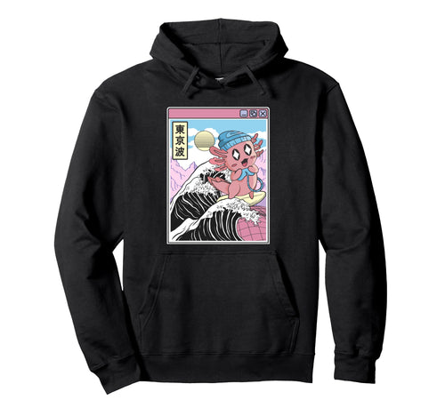 Gaming Axolotl Surfing Kanagawa Wave Hoodie - Streetwear Style Unisex - T-Shirt, Sweatshirt, Hoodie
