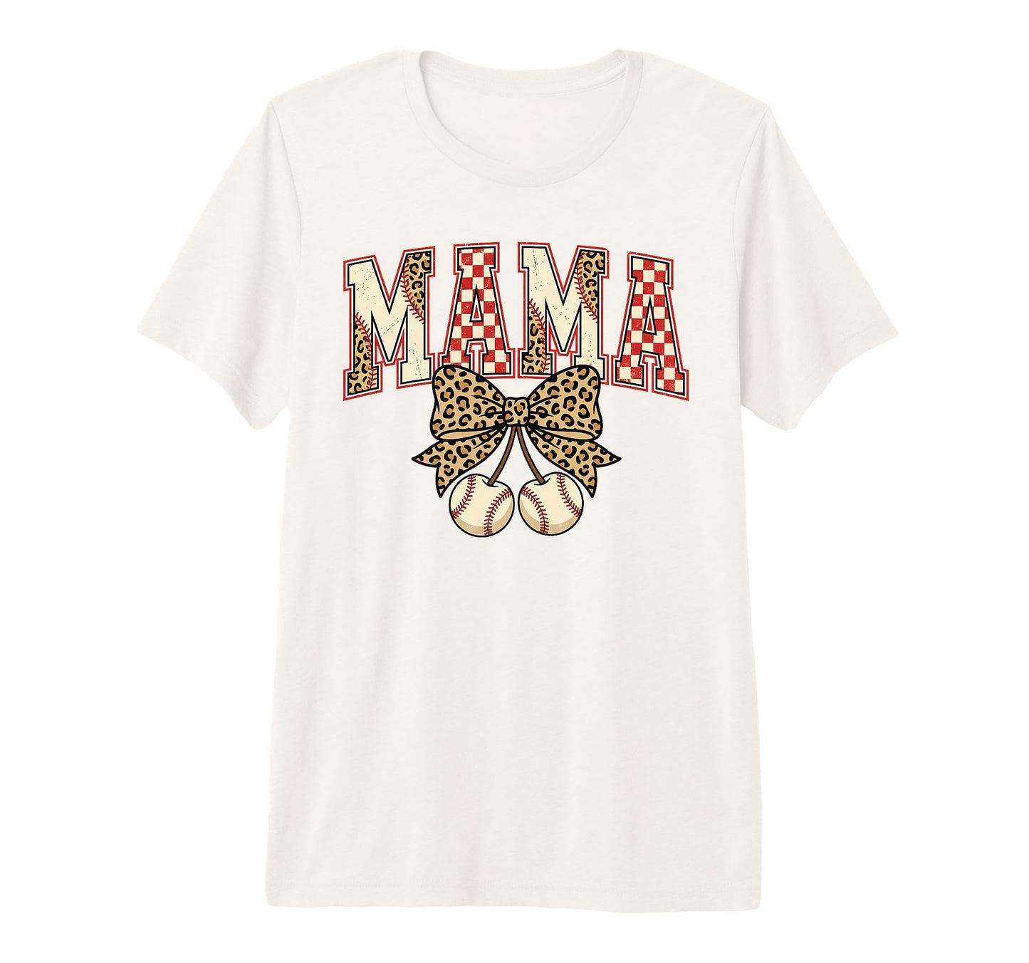 Baseball Mom Leopard Bow Checkered Mama T-Shirt - Unique Graphic Unisex - T-Shirt, Sweatshirt, Hoodie