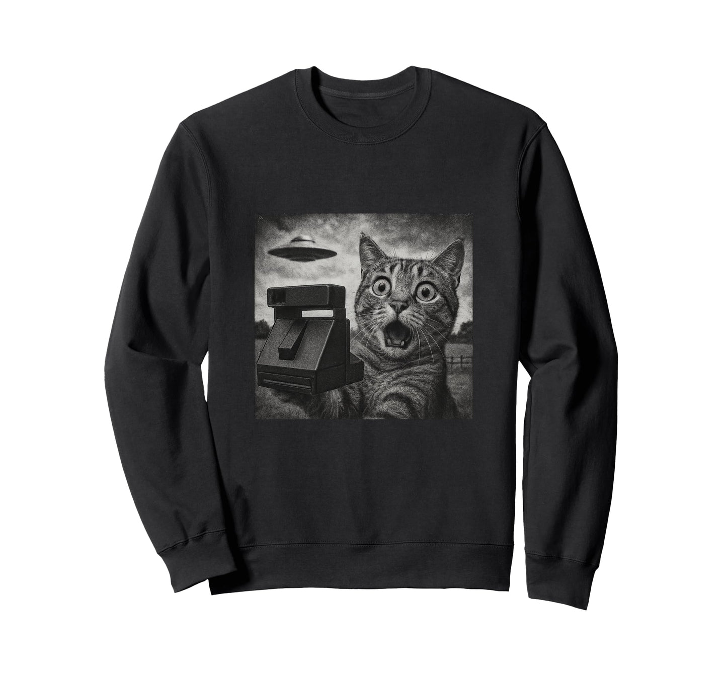 Shocked Cat Ufo Sighting Camera Sketch Sweatshirt - Novelty Apparel Unisex - T-Shirt, Sweatshirt, Hoodie