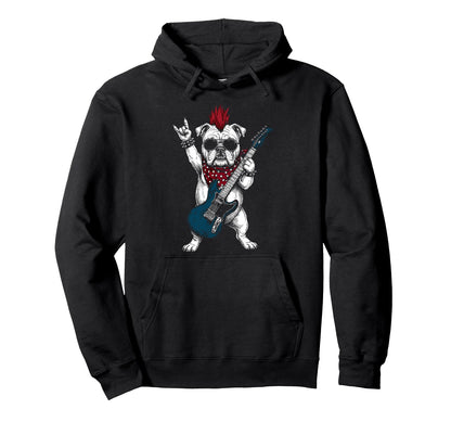 Funny Bulldog Dog Playing Guitar Usa Hoodie - Unique Graphic Men Women - T-Shirt, Sweatshirt, Hoodie