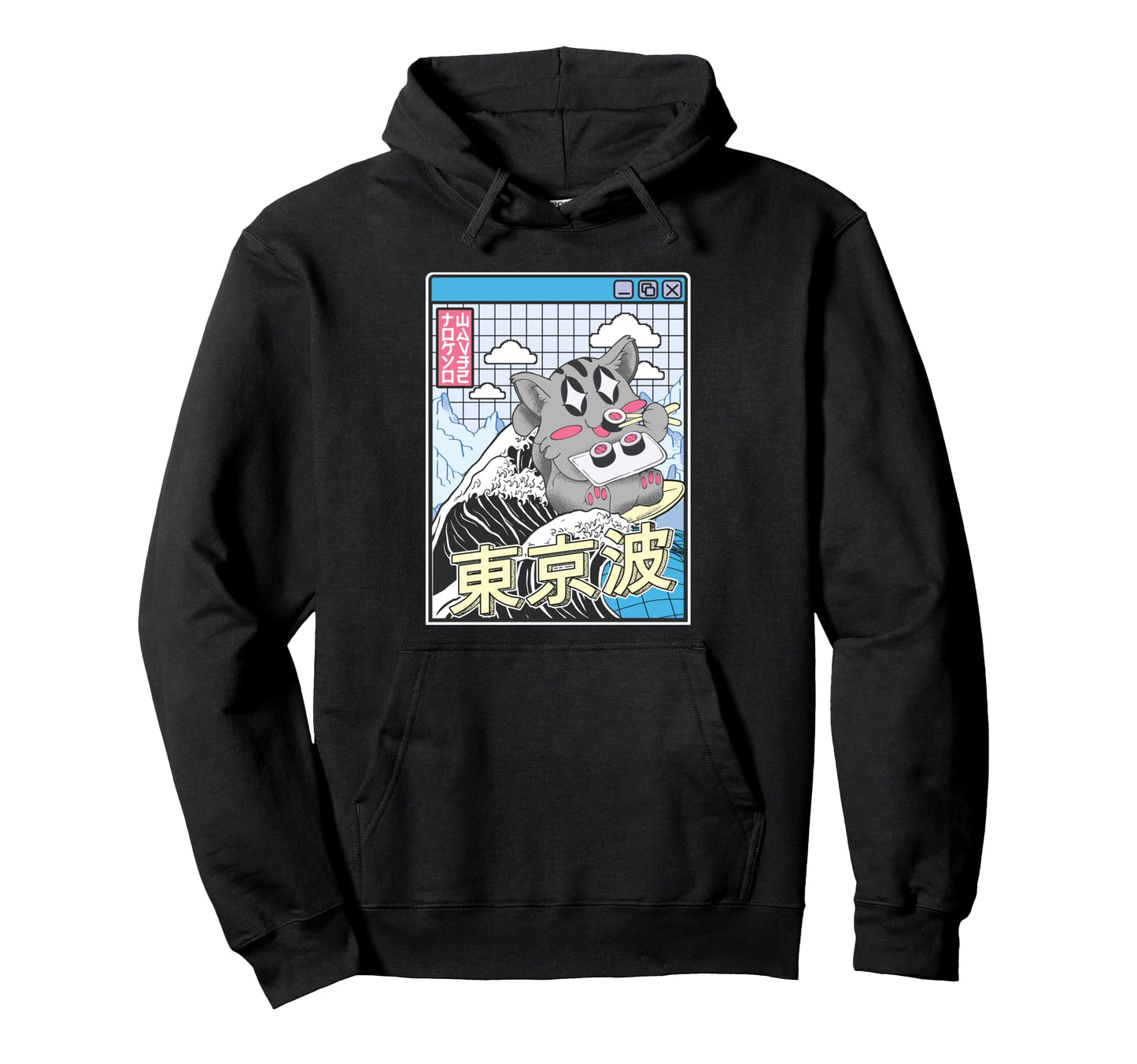 Cat Eating Sushi Surfing Kanagawa Wave Hoodie - Streetwear Style Men Women - T-Shirt, Sweatshirt, Hoodie