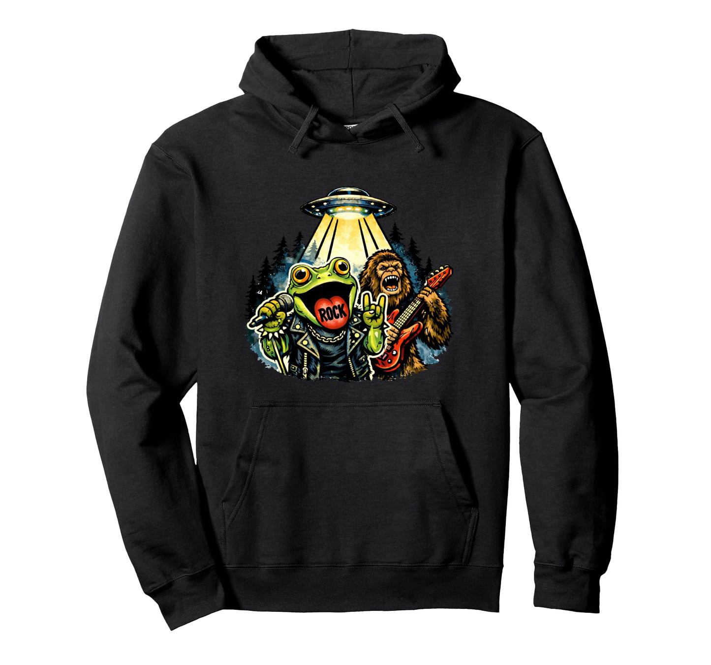 Funny Frog Rockstar Bigfoot Guitar Alian Hoodie - Unique Graphic Unisex - T-Shirt, Sweatshirt, Hoodie