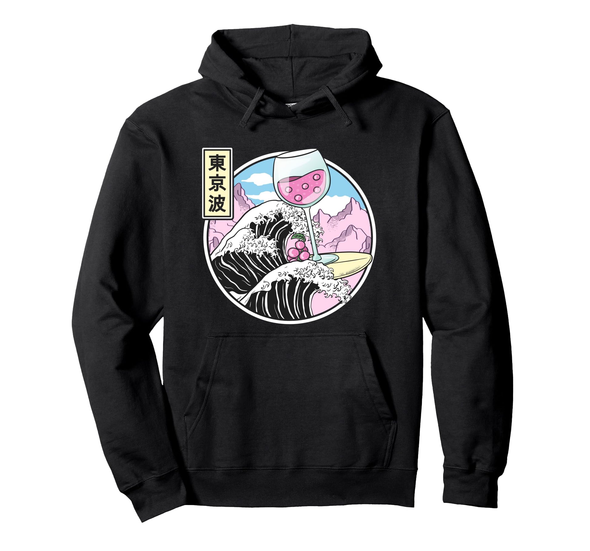 Surfing Wine Glass Kanagawa Wave Kawaii Hoodie - Graphic Print Men Women - T-Shirt, Sweatshirt, Hoodie