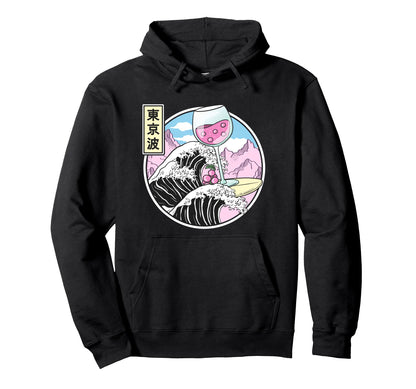 Surfing Wine Glass Kanagawa Wave Kawaii Hoodie - Graphic Print Men Women - T-Shirt, Sweatshirt, Hoodie