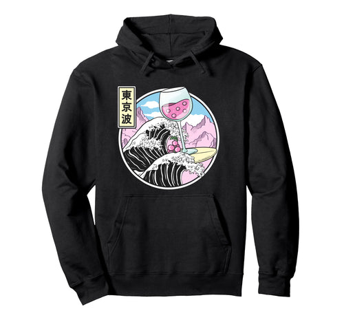 Surfing Wine Glass Kanagawa Wave Kawaii Hoodie - Graphic Print Men Women - T-Shirt, Sweatshirt, Hoodie