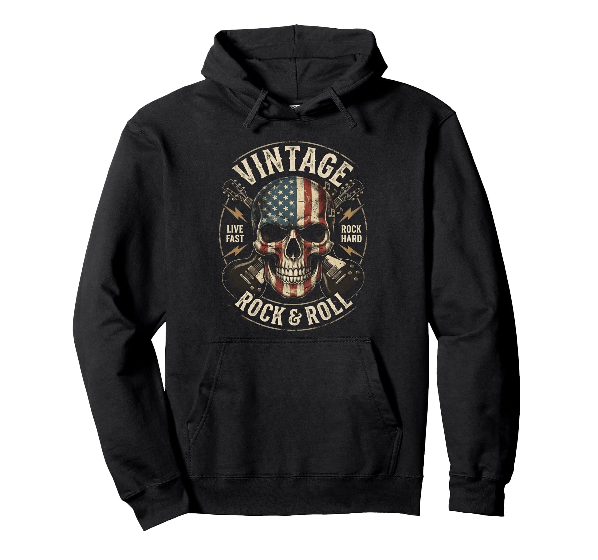 Rock Skull American Flag Guitar Rock Hoodie - Minimalist Print Men Women - T-Shirt, Sweatshirt, Hoodie