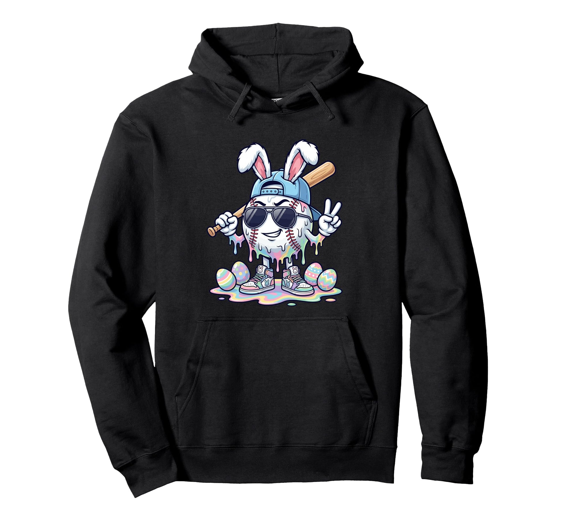 Easter Bunny Diving Catch Eggs Baseball Hoodie - Graphic Print for Adults - T-Shirt, Sweatshirt, Hoodie