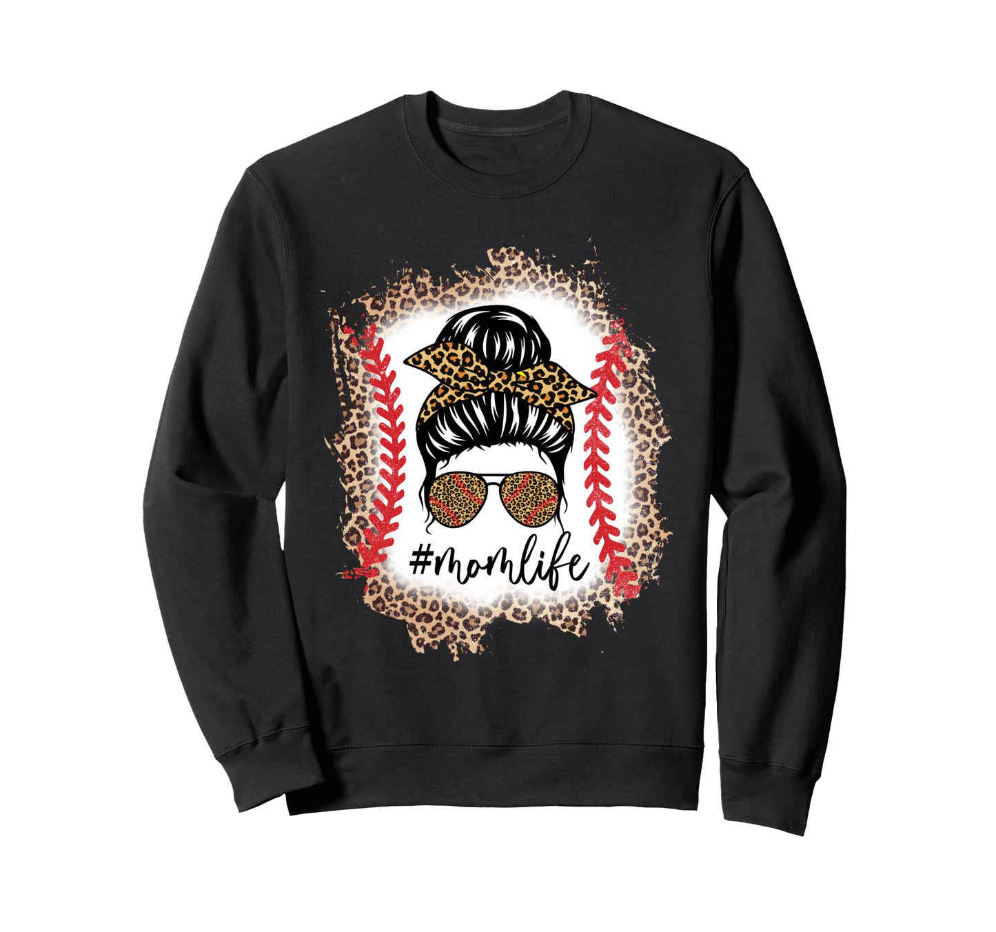 Mom Life Baseball Mom Messy Bun Leopard Sweatshirt - Unique Graphic Unisex - T-Shirt, Sweatshirt, Hoodie