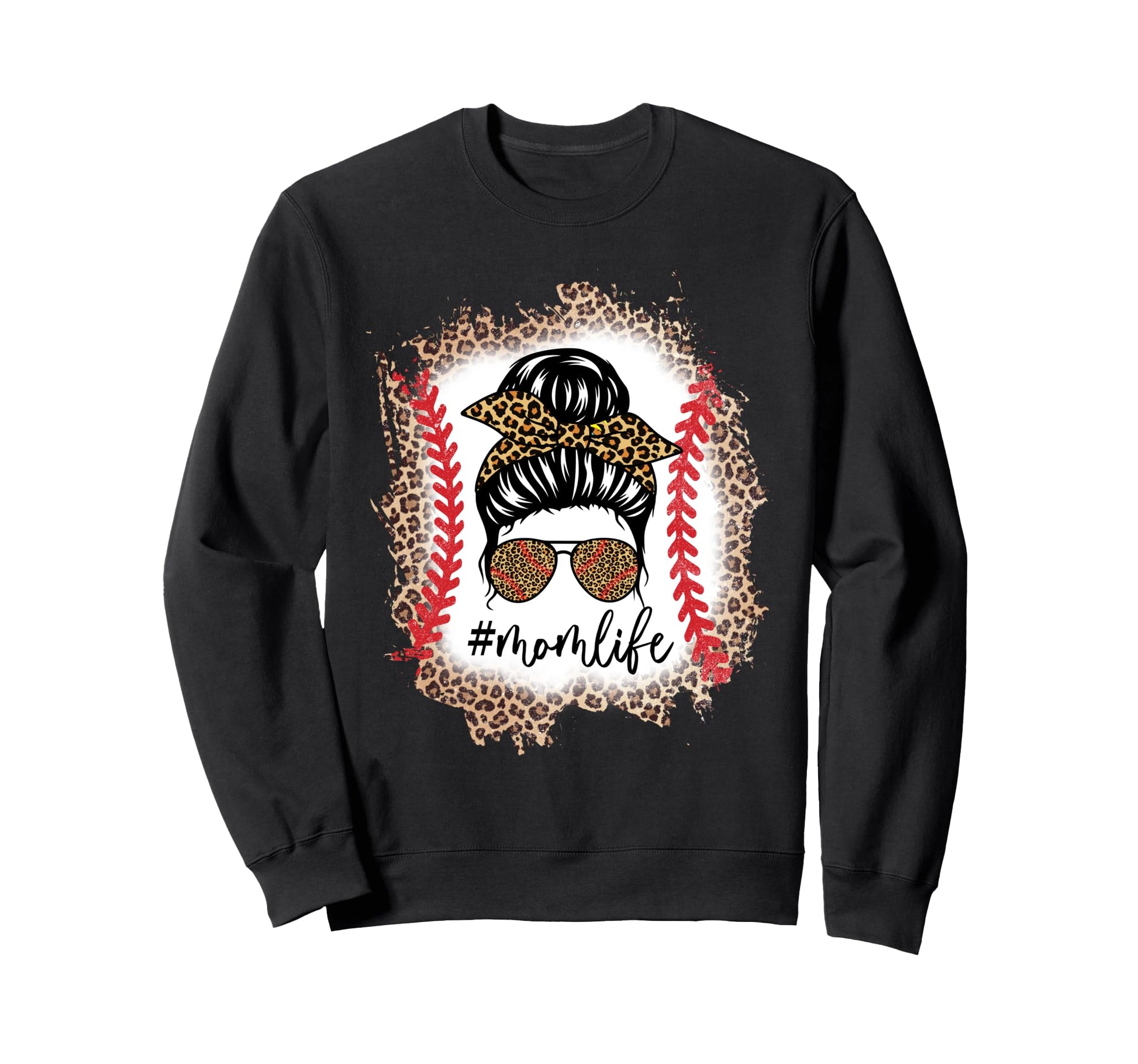 Mom Life Baseball Mom Messy Bun Leopard Sweatshirt - Unique Graphic Unisex - T-Shirt, Sweatshirt, Hoodie
