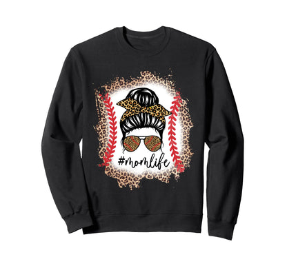 Mom Life Baseball Mom Messy Bun Leopard Sweatshirt - Unique Graphic Unisex - T-Shirt, Sweatshirt, Hoodie