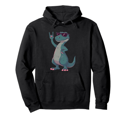 T Rex Dinosaur Rock Hand Sign Punk Hoodie - Fun Novelty Design Unisex - T-Shirt, Sweatshirt, Hoodie