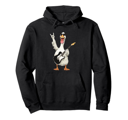 Funny Rock Duck Cartoon Guitar Player Hoodie - Graphic Print Men Women - T-Shirt, Sweatshirt, Hoodie