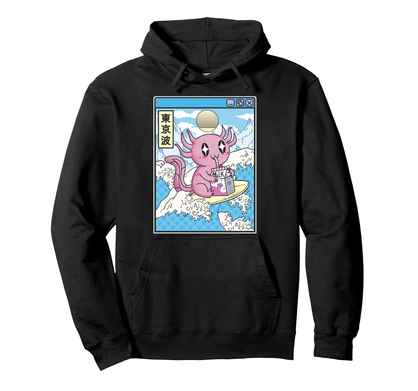 Surfing Axolotl Drinking Strawberry Milk Hoodie - Custom Art Print Unisex - T-Shirt, Sweatshirt, Hoodie