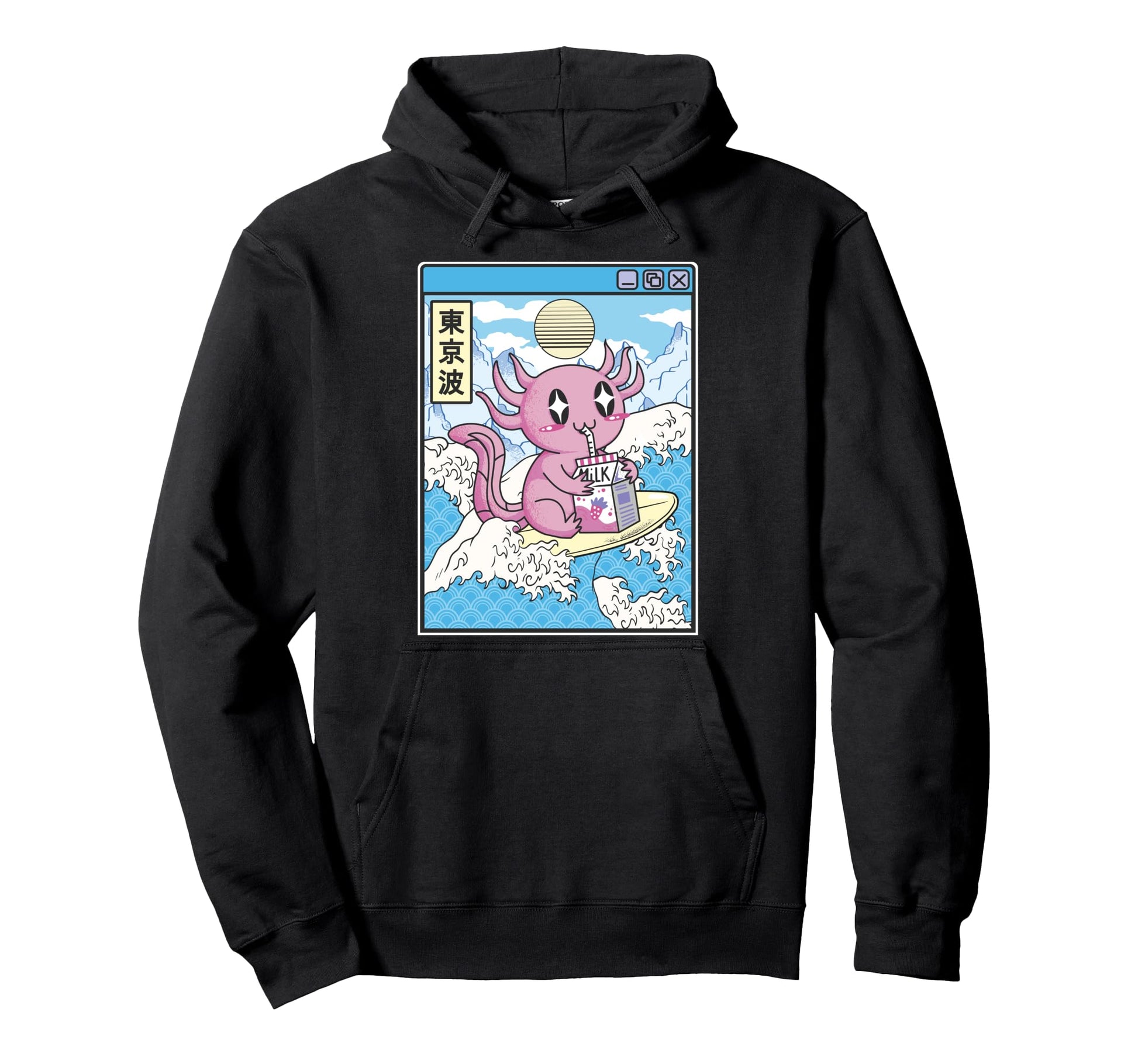 Surfing Axolotl Drinking Strawberry Milk Hoodie - Custom Art Print Unisex - T-Shirt, Sweatshirt, Hoodie