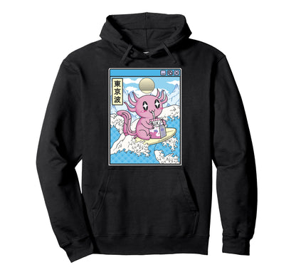 Surfing Axolotl Drinking Strawberry Milk Hoodie - Custom Art Print Unisex - T-Shirt, Sweatshirt, Hoodie