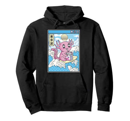 Surfing Axolotl Drinking Strawberry Milk Hoodie - Custom Art Print Unisex - T-Shirt, Sweatshirt, Hoodie