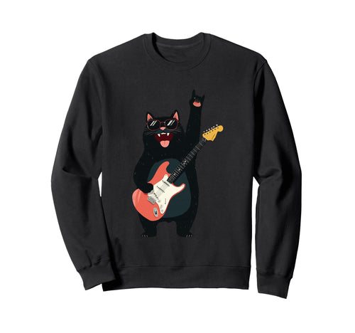 Rock Cat Guitar Playing Funny Animal Sweatshirt - Trendy Graphic Unisex - T-Shirt, Sweatshirt, Hoodie