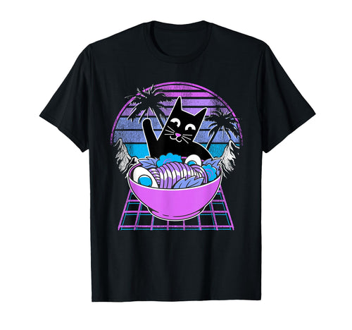 Ramen Cat Anime Retrowave Sunset 80S T-Shirt - Unique Graphic Unisex - T-Shirt, Sweatshirt, Hoodie