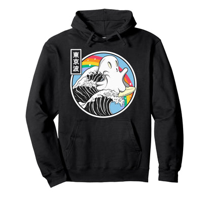 Ghost Surfing Great Wave Kawaii Rainbow Hoodie - Unique Graphic for Adults - T-Shirt, Sweatshirt, Hoodie