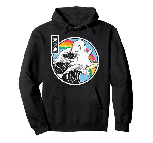 Ghost Surfing Great Wave Kawaii Rainbow Hoodie - Unique Graphic for Adults - T-Shirt, Sweatshirt, Hoodie