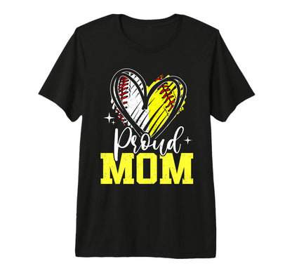Proud Mom Baseball Softball Heart T-Shirt - Fun Novelty Design Unisex - T-Shirt, Sweatshirt, Hoodie