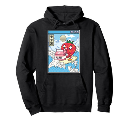 Surfing Strawberry Drinking Milk Japan Hoodie - Custom Art Print Unisex - T-Shirt, Sweatshirt, Hoodie