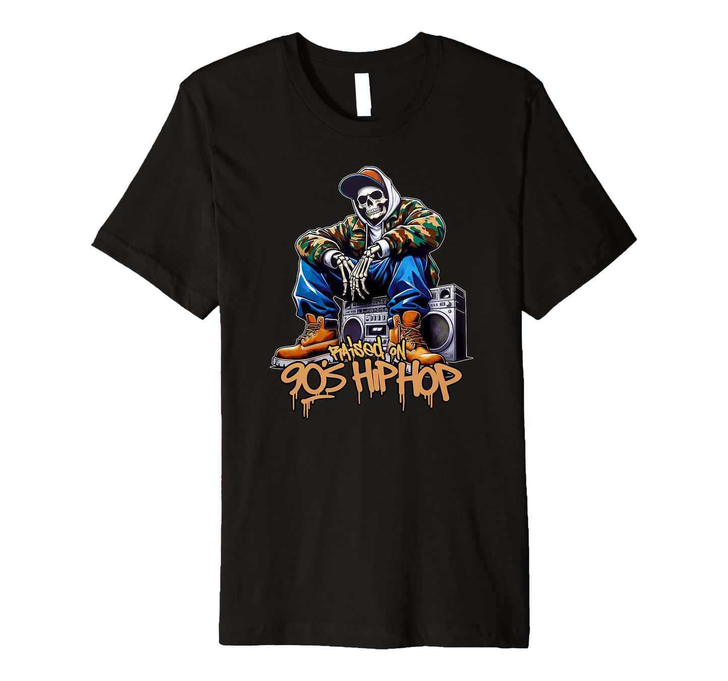 Raised 90S Hip Hop Dope Skeleton Graffiti T-Shirt - Unique Graphic Unisex - T-Shirt, Sweatshirt, Hoodie