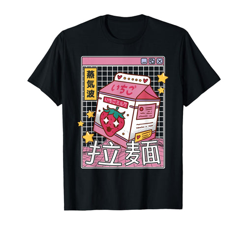 Strawberry Milk Carton Kawaii Grid T-Shirt - Unique Graphic for Adults - T-Shirt, Sweatshirt, Hoodie