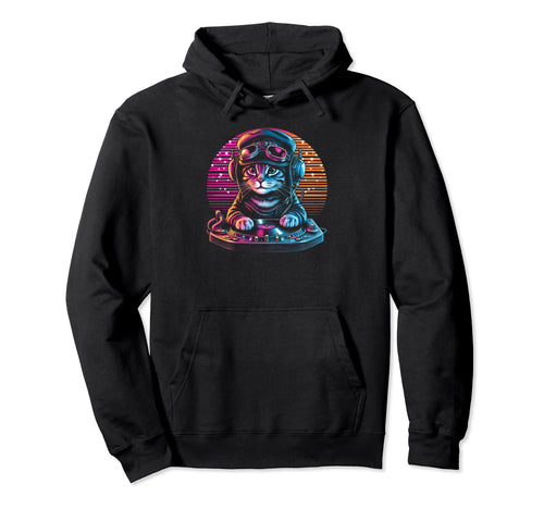 House Music Dj Cat Mixing Decks Records Hoodie - Graphic Print for Adults - T-Shirt, Sweatshirt, Hoodie