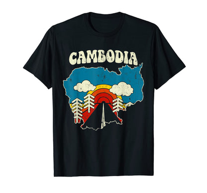 Cambodia Cambodian Country Rainbow 70S Map T-Shirt - Novelty Apparel Unisex - T-Shirt, Sweatshirt, Hoodie