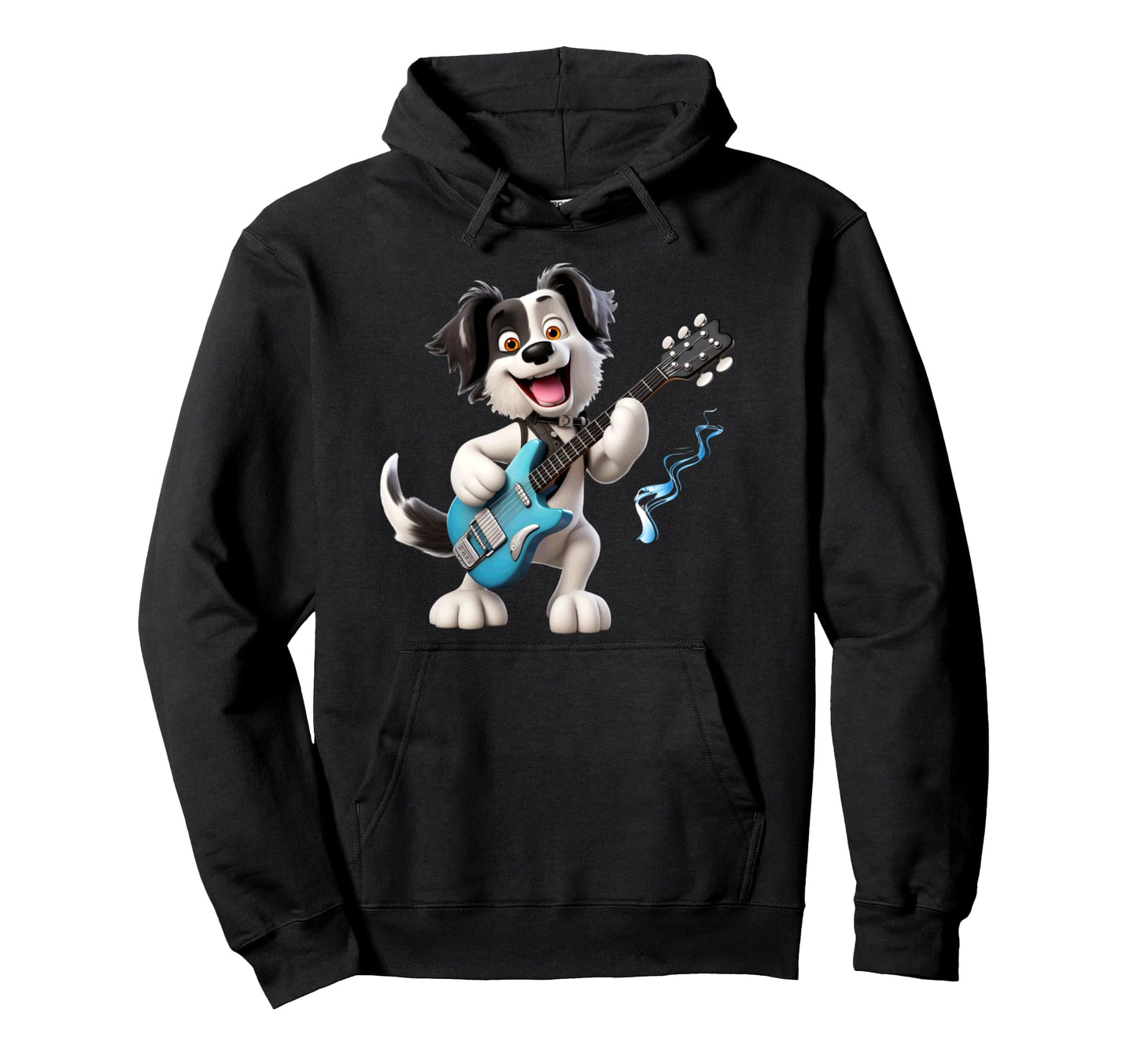 Cartoon Dog Rocker Playing Electric Hoodie - Minimalist Print for Adults - T-Shirt, Sweatshirt, Hoodie