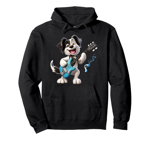 Cartoon Dog Rocker Playing Electric Hoodie - Minimalist Print for Adults - T-Shirt, Sweatshirt, Hoodie