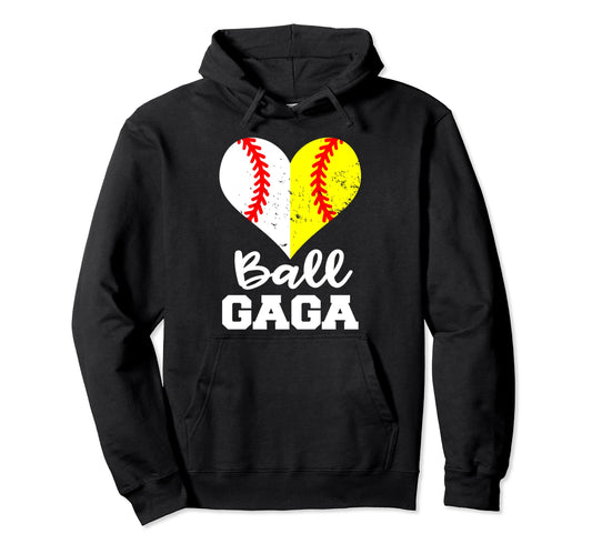 Ball Gaga Heart Funny Baseball Softball Hoodie - Graphic Print Men Women - T-Shirt, Sweatshirt, Hoodie