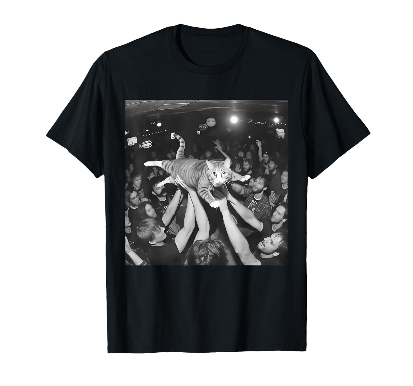 Funny Cat Crowdsurfing Concert Meme Rock T-Shirt - Unique Graphic Unisex - T-Shirt, Sweatshirt, Hoodie