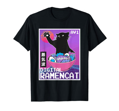 Digital Ramencat 90S Synthwave Vaporwave T-Shirt - Minimalist Print Unisex - T-Shirt, Sweatshirt, Hoodie