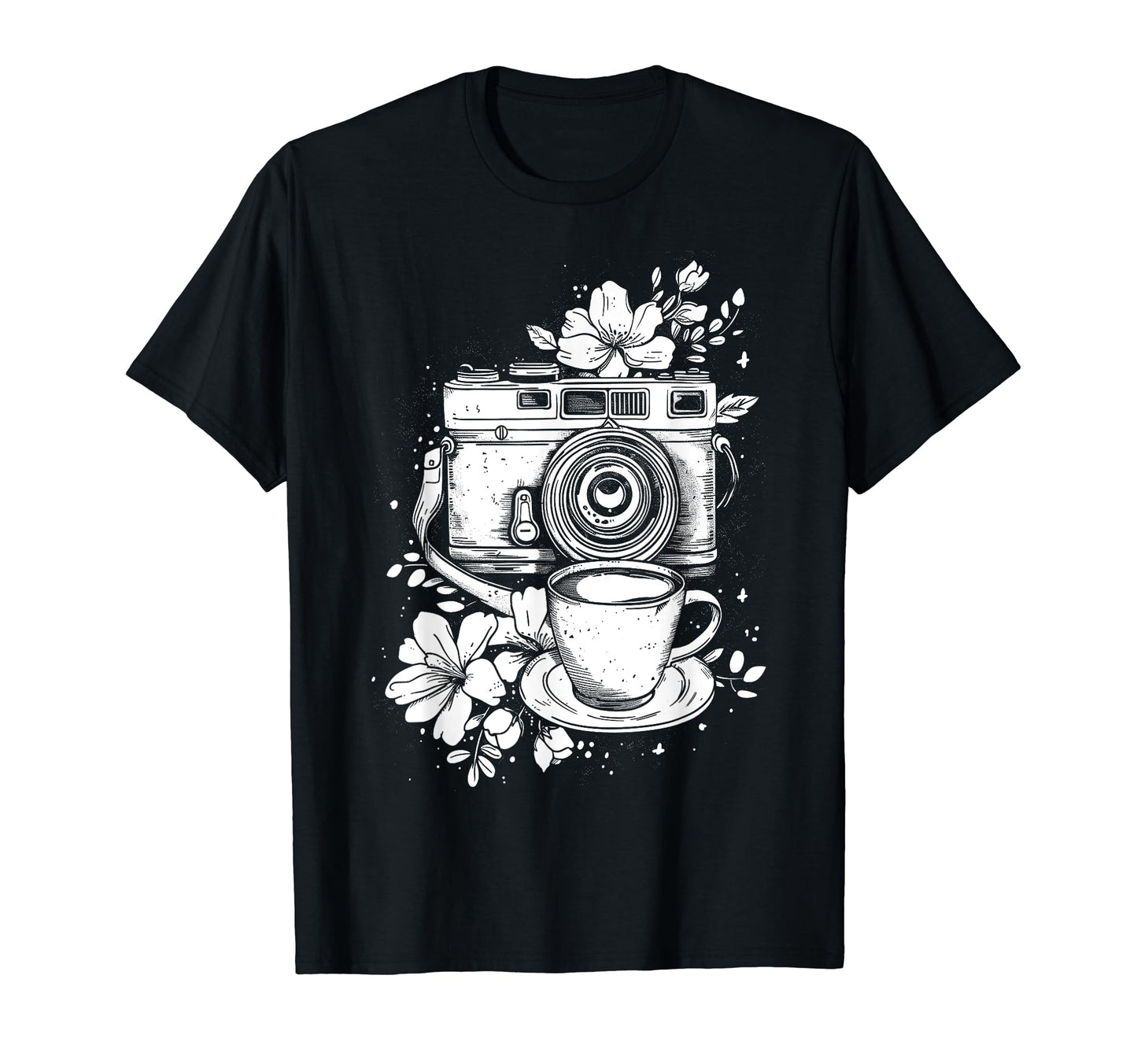 Photographer Coffee Camera Flowers T-Shirt - Unique Graphic Men Women - T-Shirt, Sweatshirt, Hoodie